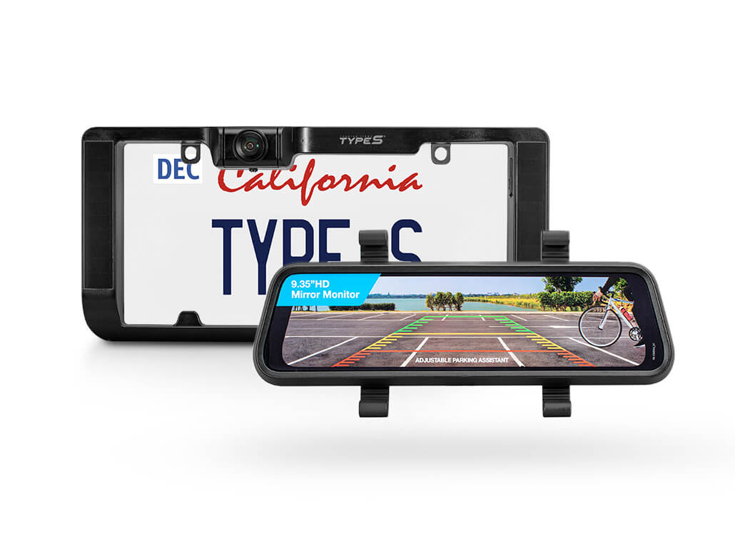 TYPE S Solar Powered Portable License Plate Frame Backup Camera with HD monitor built into rear-view mirror. Smart Wireless Button Control - TYPE S Touring Items-BT530034-1